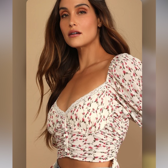 LULUS Pretty Pick Beige Floral Print Ruched Drawstring Crop Top - Picture 3 of 8